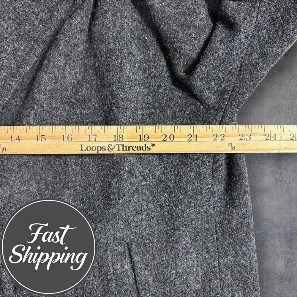 WMNS Vintage Wool Double Breasted Overcoat L Gray Padded Shoulders Oversized 80s